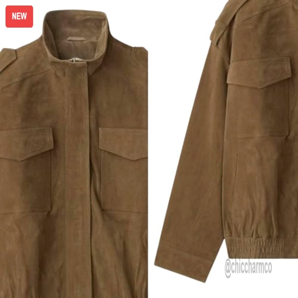 Faux Suede Leather Bomber Jacket Vintage High Collar Long Sleeve Oversized - Picture 5 of 7